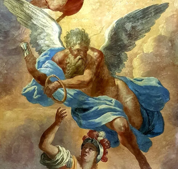 Peinture du Dieu Cronos tenant un sablier et un Ouroboros qu'il tend à la déesse Athéna. détail du plafond de la chapelle du palais Lascaris, à Nice.
